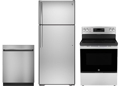 GE 3PC 18 Cu. Ft. Top-Freezer Refrigerator, Electric Range and 24" Built-In Dishwasher Set